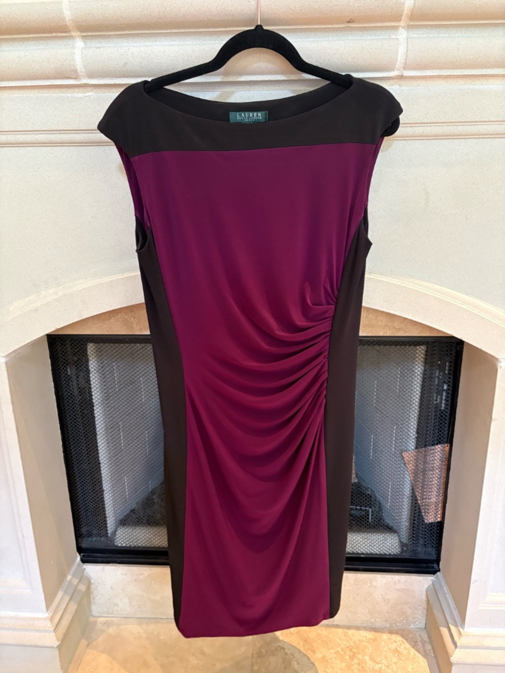 Lauren Ralph Lauren Magenta & Black Colorblock Ruched Sheath Dress — Size 12